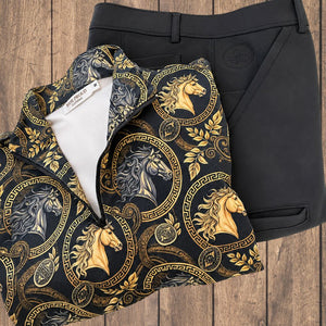 Patterned horse riding shirt with horse design on a wooden surface