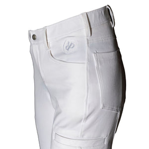 White riding pants with Ride Proud brand logo on a white background