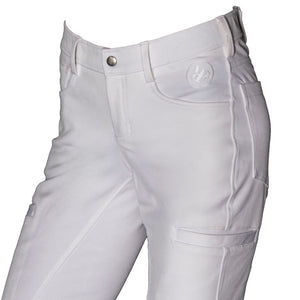 White polocrosse riding pants with a button on a white background