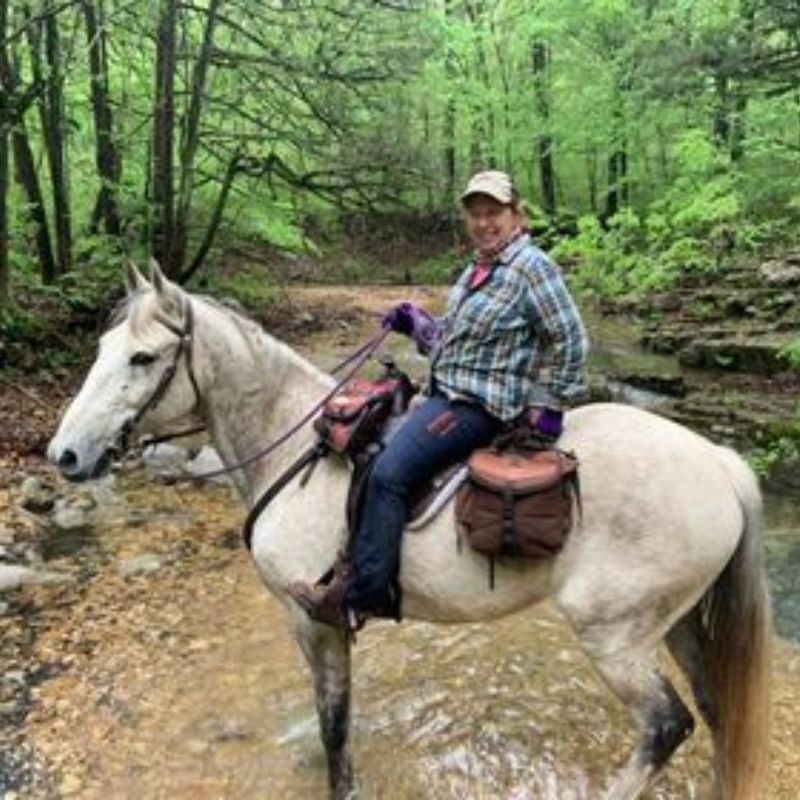 woman riding a white horse with brown bag