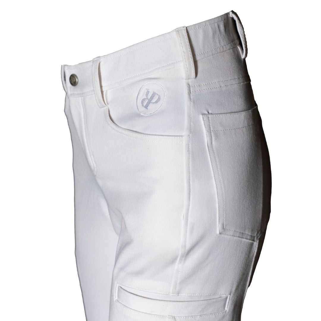 White riding pants with Ride Proud brand logo on a white background