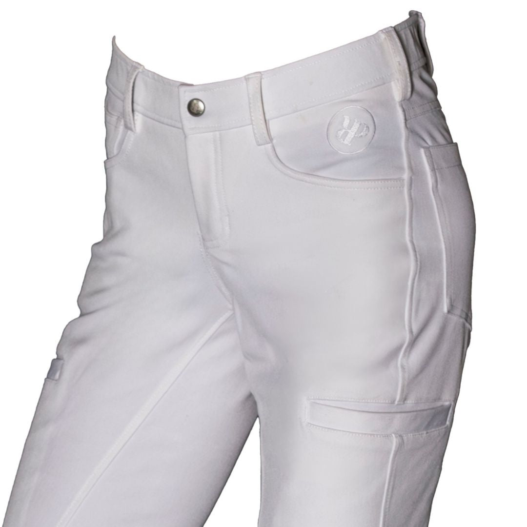 White polocrosse riding pants with a button on a white background