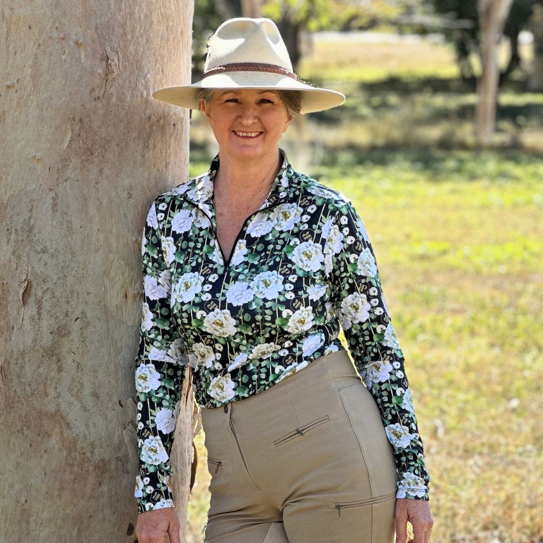 Long Sleeve Horse Riding Shirt in Peony Print on Dark Background