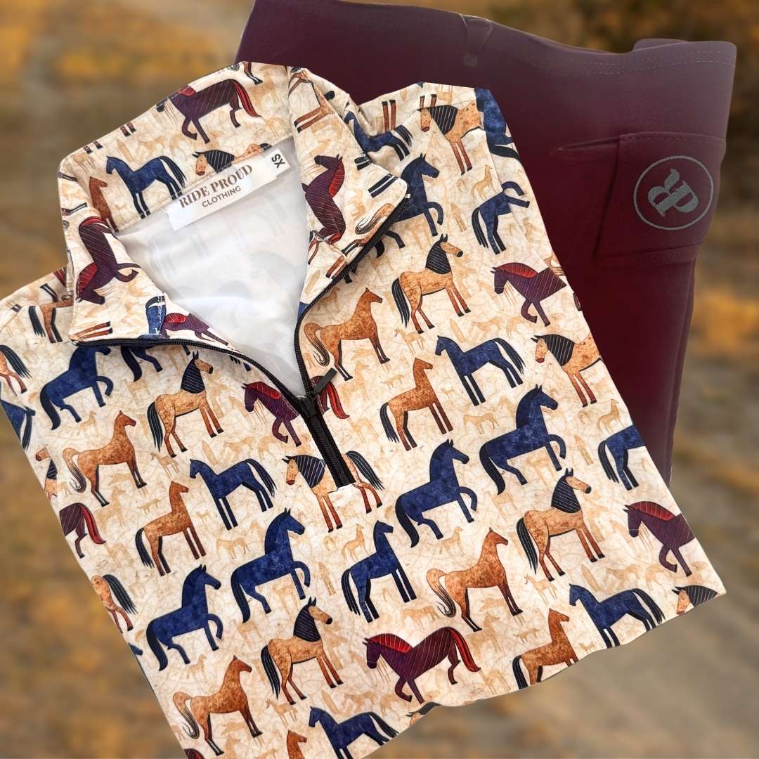 Horse Patterned Equestrian Shirt and Wine Coloured Riding Tights