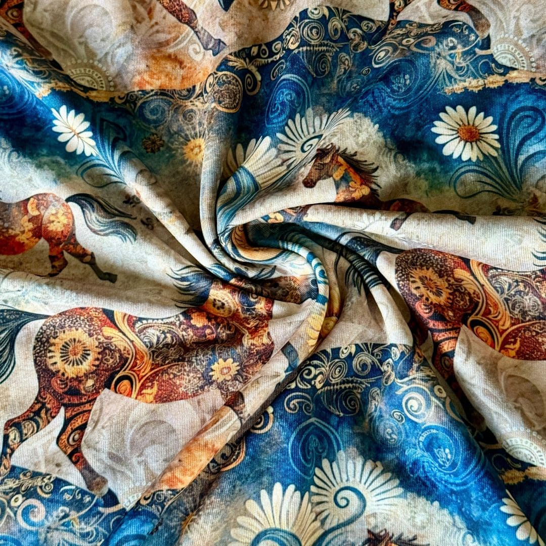 Colorful fabric with horse and floral patterns for horse riding shirt
