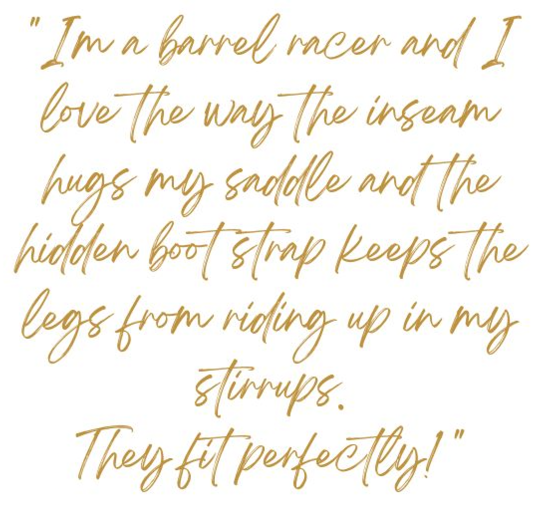 gold text on white background - barrel racer, customer testimonial