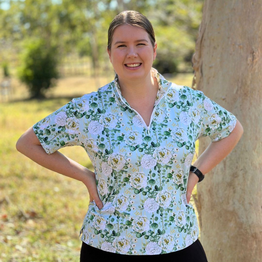 Short Sleeve Equestrian Shirt, Peony Print on Celadon Green Background