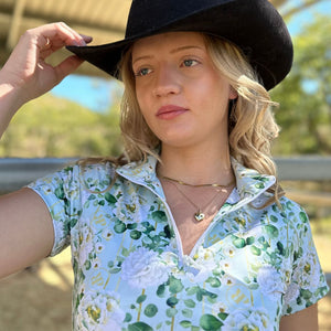 Stand Collar on Short Sleeve Equestrian Shirt, Peony Print on Celadon Green Background 