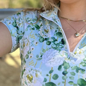 Stand Collar on Short Sleeve Equestrian Shirt, Peony Print on Celadon Green Background