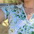 Stand Collar on Short Sleeve Equestrian Shirt, Peony Print on Celadon Green Background