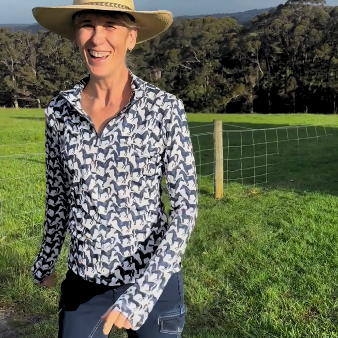The Mob, horse riding shirt covered in tumbling horses, navy and cream print
