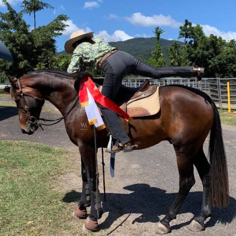 woman holding a red ribbon trying to ride a horse