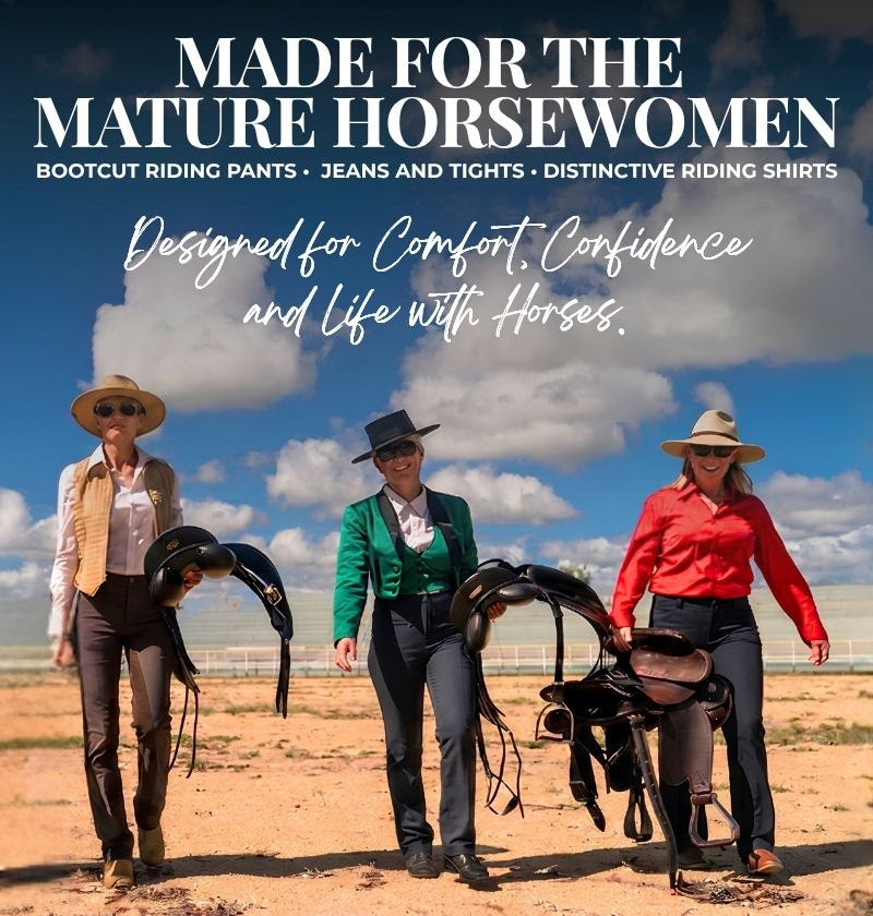Three riders walking on a sandy beach carrying saddles under a blue sky with clouds. Large text at the top reads 'MADE FOR THE MATURE HORSEWOMEN' with smaller product lines and tagline text below.