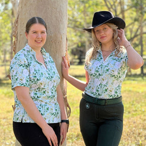 Women Wearing Horse Riding Shirt from Peony Print on Celadon Green Background