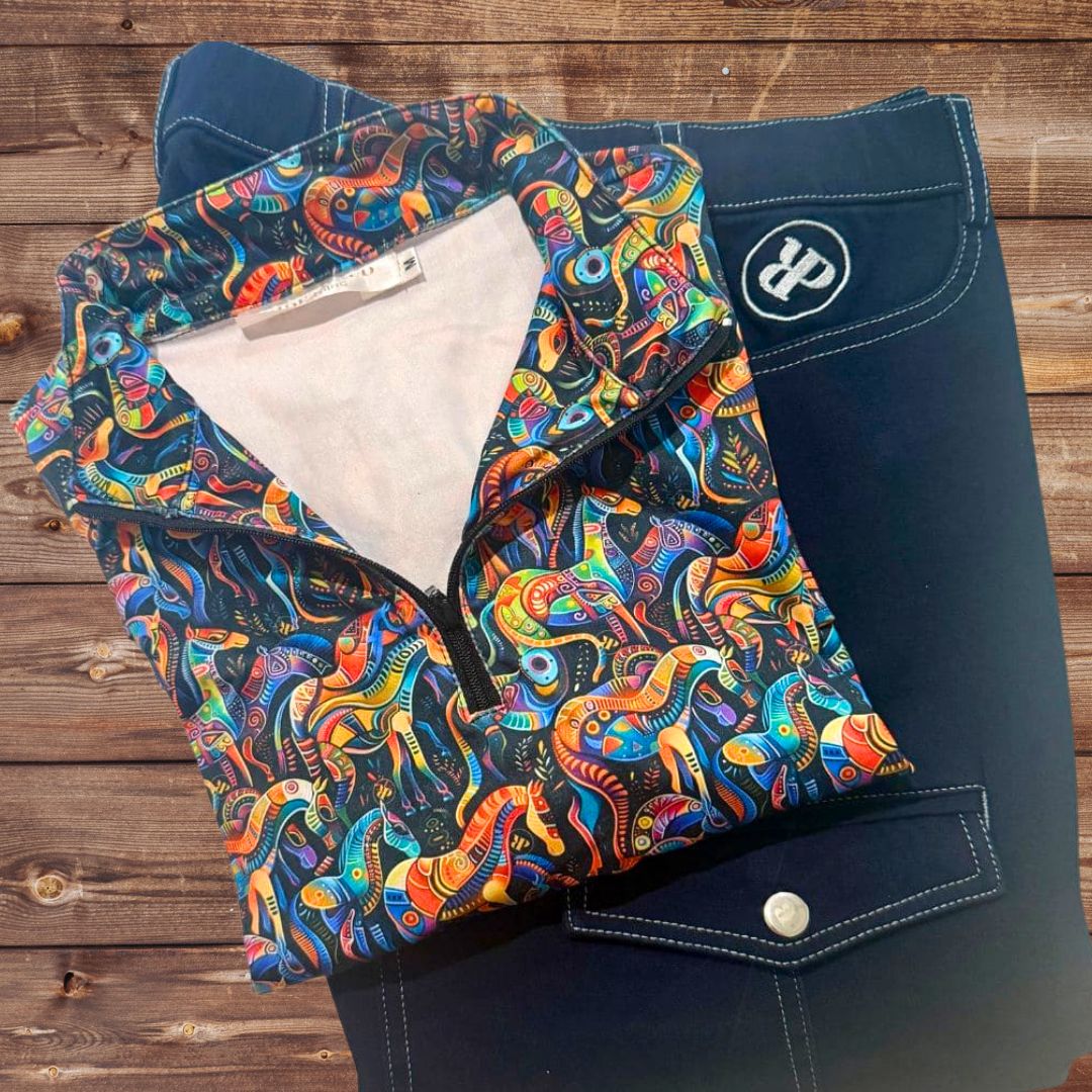horse riding shirt in kaleidoscope print and stable jeans 