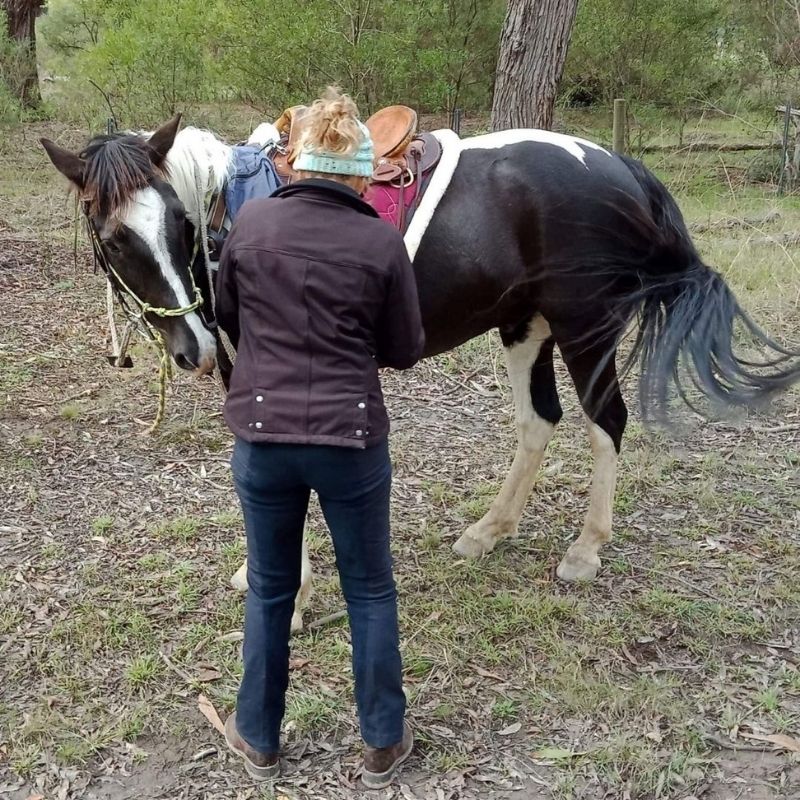 woman in equitation setting up her ride