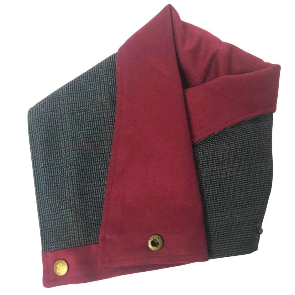 ride proud neck warmer in grey plaid & burgundy