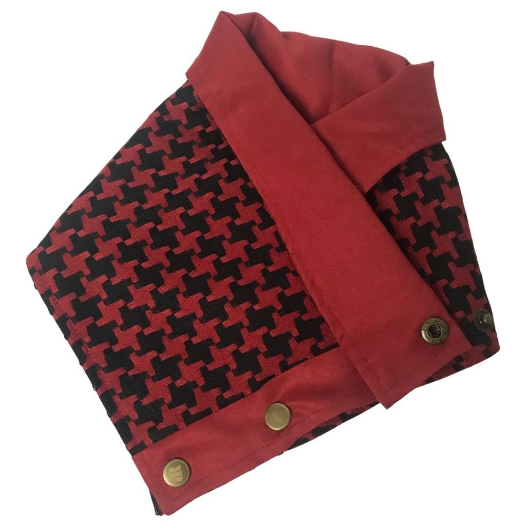 ride proud neck warmer in red & black herringbone